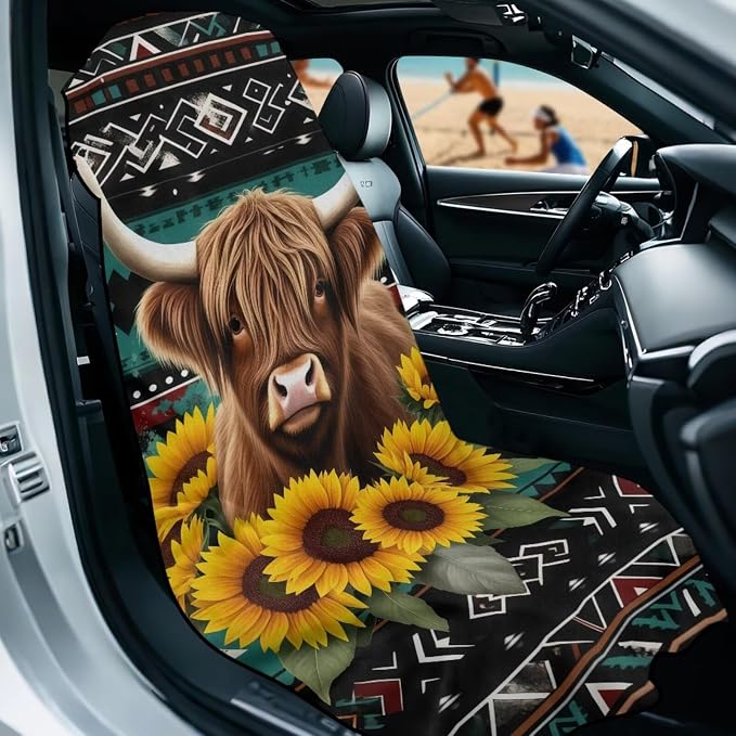 Aztec Highland Cow Sunflower Car Seat Towel Cover After Gym Sweat Automotive Front Seat Cover with Storage Bag Aztec Tribal Car Interior Accessories Universal Fit Beach Towel Yoga Mat Towels - Image 2