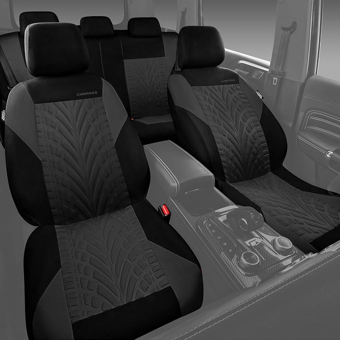 CAR PASS Car Seat Covers Full Sets, Front & Split Rear Bench for Car, 3D Tyre Embossed Automotive Interior Covers, Airbag Compatible, Quick Setup Universal Fit Seat Covers for Car, SUV(Charcoal) - Image 5
