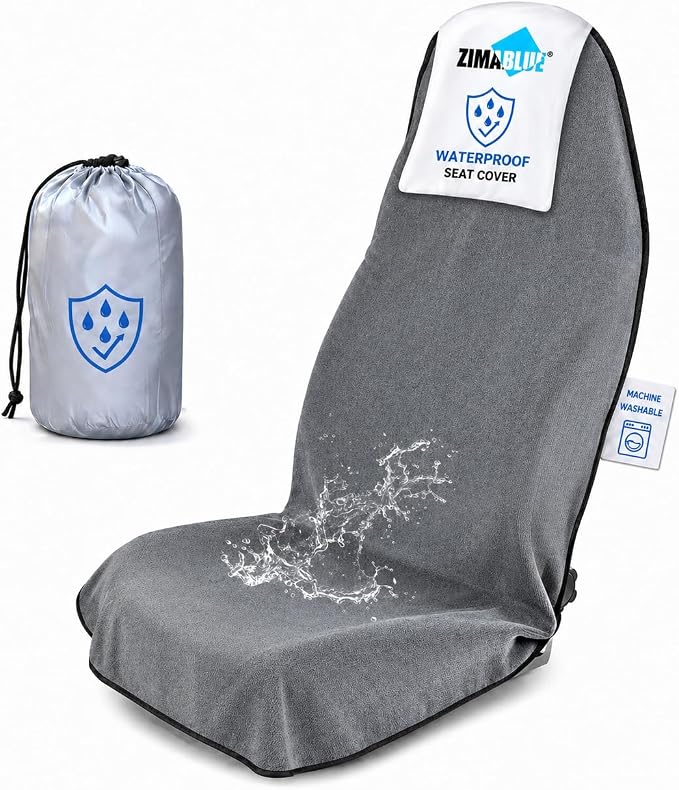 ZIMABLUE 1PC Waterproof Towel Car Seat Cover - 525g Heavy Duty 3-Layer Microfiber Sweat Protector for Bucket Seats - Non-Slip Machine Washable Universal Fit for Gym, Yoga, Beach, Pets & Outdoors-Gray by ZIMABLUE