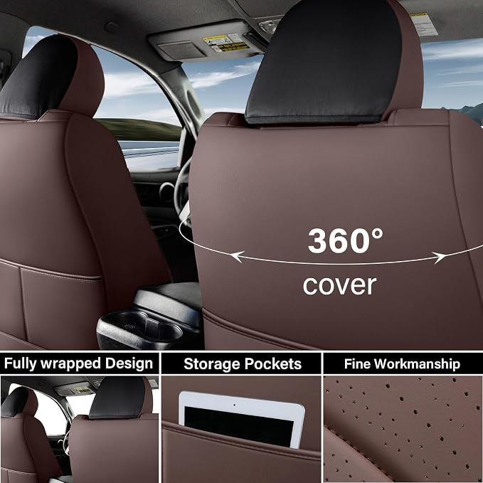 Coverado Tacoma Seat Covers, Leather Car Seat Covers Full Set Custom Fit 2005-2023 Toyota Tacoma Double/Crew Cab, Seat Covers for Cars Car Seat Protector(Brown) - Image 2