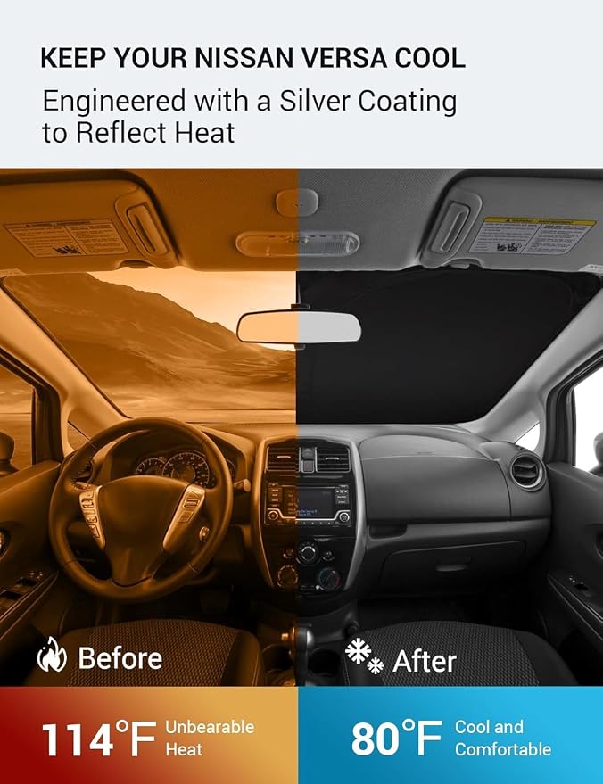 Proadsy Custom Fit 2012-2018 Nissan Versa Windshield Sun Shade, Blocks Heat | 240T Heat Shield, Drops Temp 54°F, Blocks 99% UV, Prevents Dashboard Cracking, Summer Parking & Beach Trips, Easy Twist-Fold - Image 3