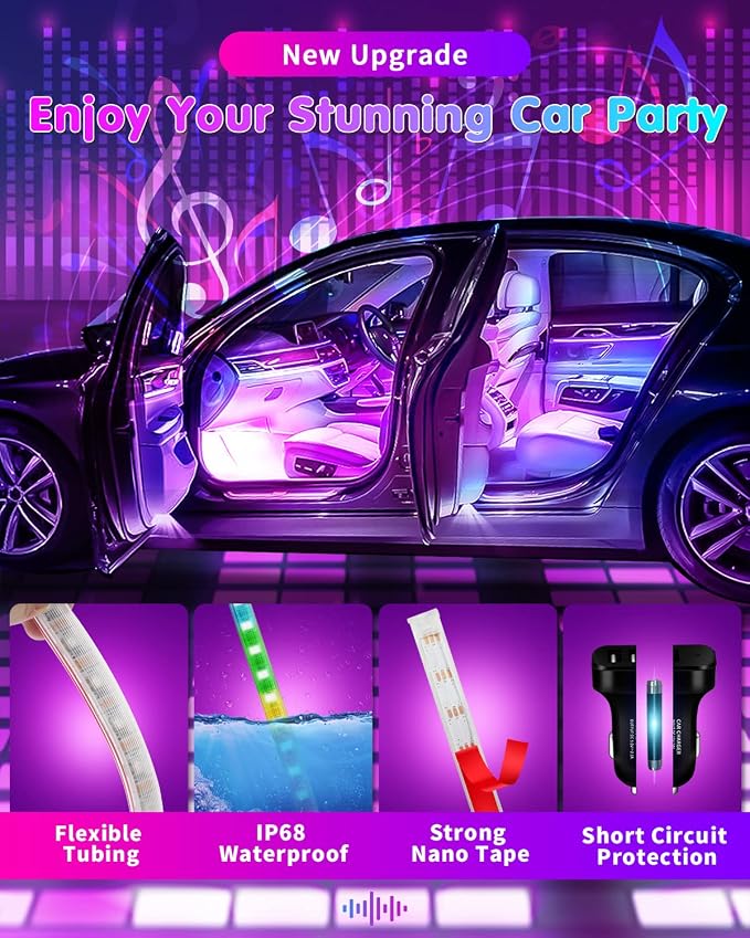 RGB 48 LED Interior Car Strip Lights with Smart APP Control, 2 Lines Design | Music Sync Under Dash Footwell Neon Internal Lighting,12V LED Strip Lights for Cars, Trucks, SUVs with Car Charger(1 Set) - Image 5