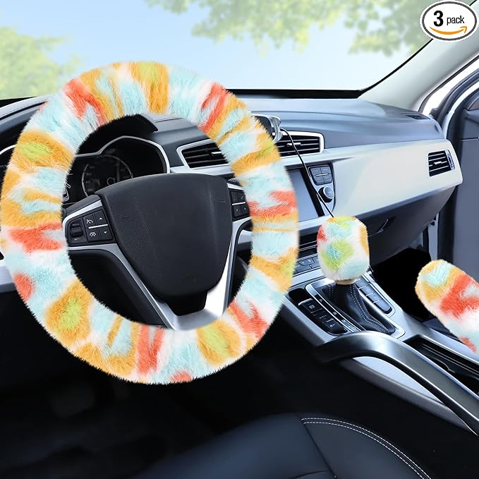 Accmor Fuzzy Car Steering Wheel Cover, Universal Fluffy Auto Wheel Cover & Handbrake Cover & Gear Shift Cover Set, Soft Warm Steering Wheel Protector Car Accessories for Men Women Girls, Colorful by Accmor
