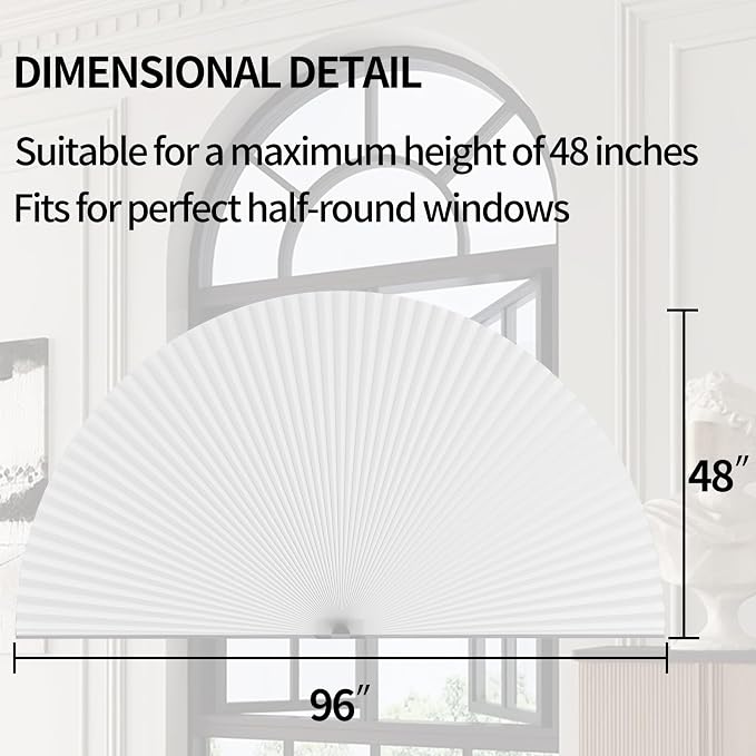 Myshade Arch Window Shades Half Circle Light Filtering Cellular Shades Cordless No Drill Blinds for Windows Half Moon Honeycomb Fabric No Tools Shades Easy Install (1PCS White 48" W X 96" H) - Image 3