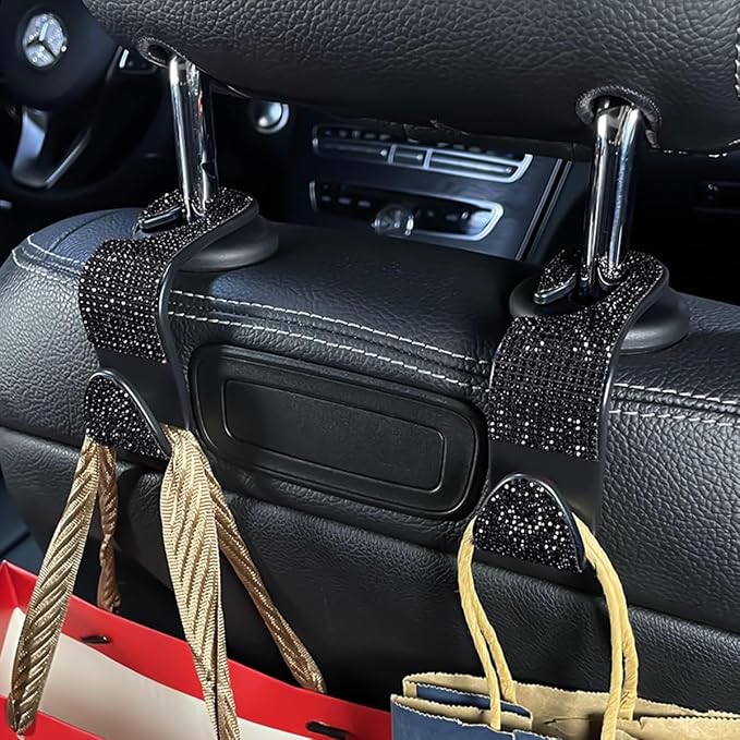 Zpana 4PCS Bling Car Seat Headrest Hooks, Crystal Rhinestones, Black | Vehicle Back Seat Purse Handbag Hanging Holder, Crystal Diamond Design for Girls, Storage Organizer Hook, Universal Fit - Image 5