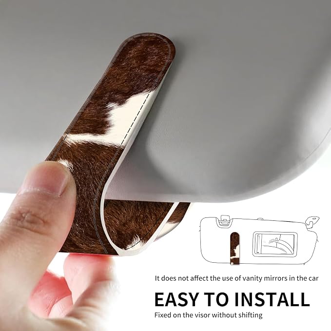 Leather Magnetic Sunglass Holder for Car Sun Visor, Cute Eyeglass Ticket Card Hanger Clip, Universal Auto Interior Accessories for SUV Pickup Truck, Cow Print - Image 5