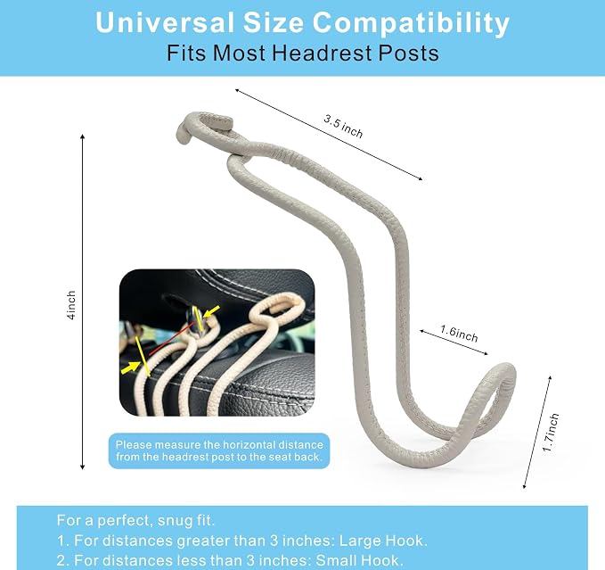 Purse Hooks for Car - 2 Pack Back Seat Storage Holder - Beige Leather/2L | Universal Car Headrest Hanger with Anti-Drop Lock Loop for Hat Bag Grocery Handbag Coat Must Have Stuff for Vehicle Truck SUV - Image 2
