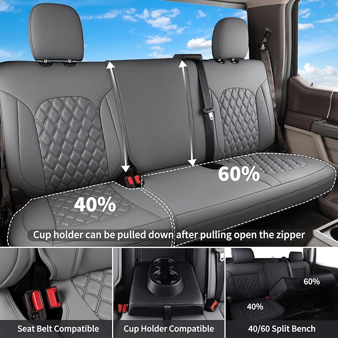 Huidasource Ford Gray Seat Covers, Car Seat Cushion Cover Fit for 2015-2026 Ford F150 SuperCrew & 2017-2026 F250 F350 F450 Super Duty Crew Cab XL XLT Lariat King Ranch Platinum (Full Set/Gray) - Image 3