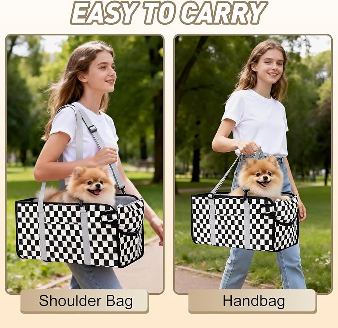 Console Dog Car Seat for Small Dogs, Foldable Booster Seat, Black Checkered | Portable Booster Seat Sits On Car Console/ Armrest. Foldable for Easy Storage. for Center Console, Easy To Clean. - Image 7