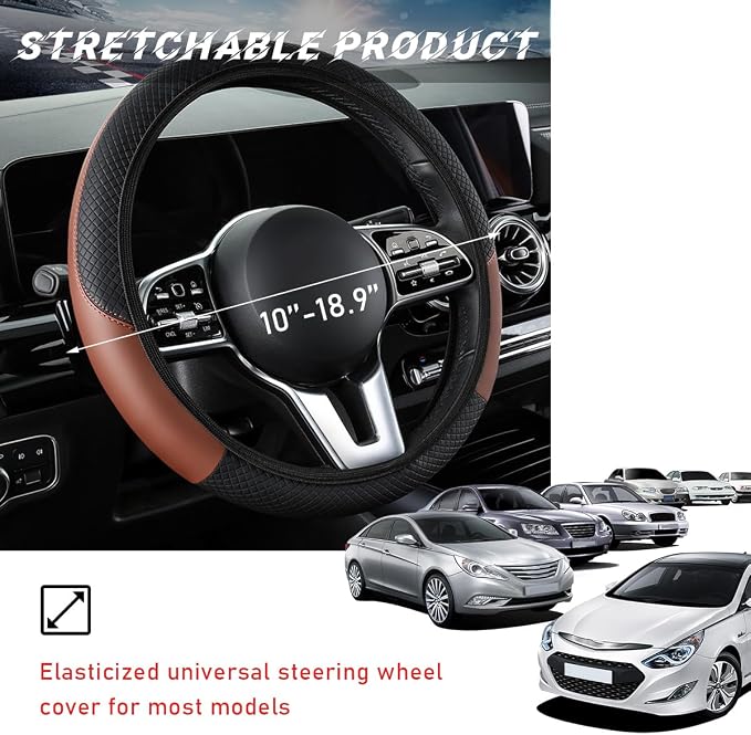 povtii Car Steering Wheel Cover, 15 Inch Leather Breathable Auto Steering Wheel Protector, Comfortable Non-Slip Vehicle Steering Wheel Covers, Universal Interior Car Accessories (Black+Coffee, AD) - Image 2