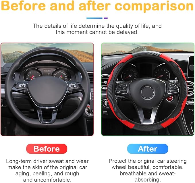 Osilly 15 Inch Carbon Fiber PU Leather Steering Wheel Cover, Red | full-wrap protective surface, flexible ringless design, hand-stretch setup, fits matching rim sizes, automotive accessories - Image 5