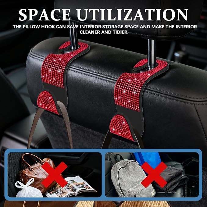 4PCS Bling Car Seat Headrest Hooks, Purse Holder for Car, Vehicle Back Seat Purse Handbag Hanging Holder with Crystal Rhinestone, Diamond Car Rear Seat Organizer for Vehicles (Red) - Image 5