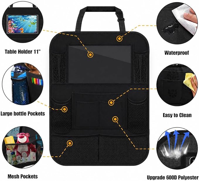 ULEEKA Car Backseat Organizer with 10" Table Holder, 9 Storage Pockets Seat Back Protectors Kick Mats for Kids Toddlers, Travel Accessories, 2 Pack (Black) | Car Organizers and Storage Kick Mats Back Seat Protector w/ Touch Screen Tablet Holder for Kid... - Image 2