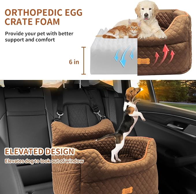 Dog Car Seat for Small Dogs Up to 25 lbs with 6-Inch Memory Foam Cushion | Elevated Booster Seat with Safety Belts, Storage Pockets and Removable Washable Cover for Front or Back Seats, Brown - Image 2