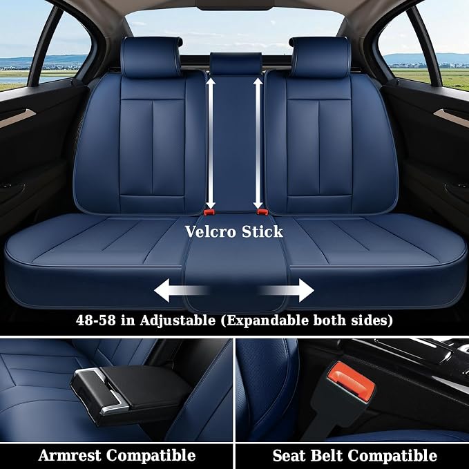 Coverado Rear Seat Covers for Cars, Back Seat Cover for Dogs, Faux Leather Car Seat Covers Backseat, Blue Car Seat Cushion, 3-Pieces Waterproof Universal Seat Covers for Cars Fit for Most Sedans SUV - Image 5