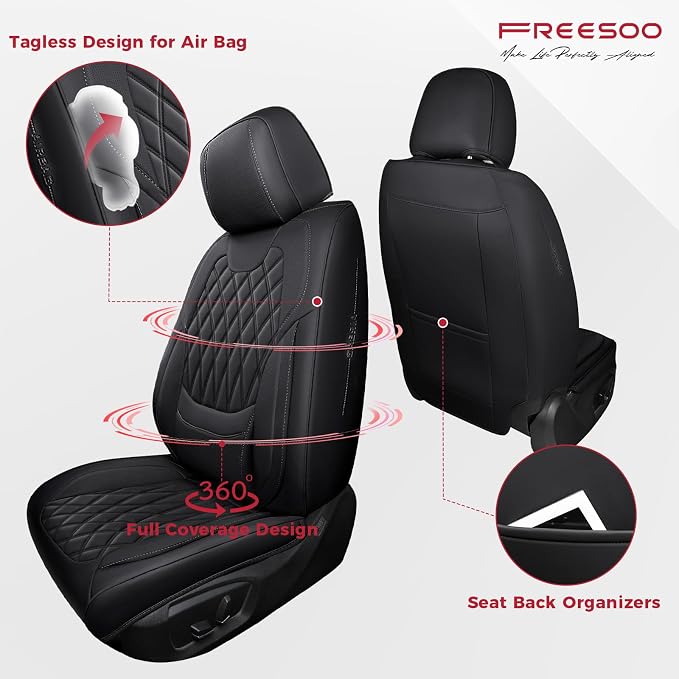 FREESOO Car Seat Covers Full Set Faux Leather Universal Fit Black | faux nappa leather seat covers, waterproof breathable, full set lumbar support, front rear covers, fit sedans suvs pickups - Image 2
