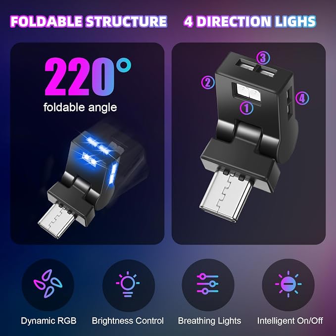 Frienda 2 Pcs Mini USB Light Car LED Interior Light, Type-c | 5v RGB Foldable Lighting, Adjustable 8 Color and Brightness, Smart USB Night Lamp for Cars Laptop Keyboard - Image 3