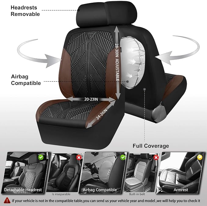 CAR PASS Waterproof Black Brown Car Seat Covers Front Seat Covers Neoprene Wetsuit,All-Weather Non-Slip Durable,Universal Fit for SUV Sedans Trucks Automotive,Airbag Compatible,3D Emboss Black Brown - Image 5