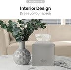 Carrotez Tissue Box Cover, [Refined] Modern PU Leather Square Tissue Box Holder - Decorative Organizer for Bathroom Vanity Countertop, Night Stands, Office Desk & Car 5"X5"X5" - Pastel Grey - Image 4