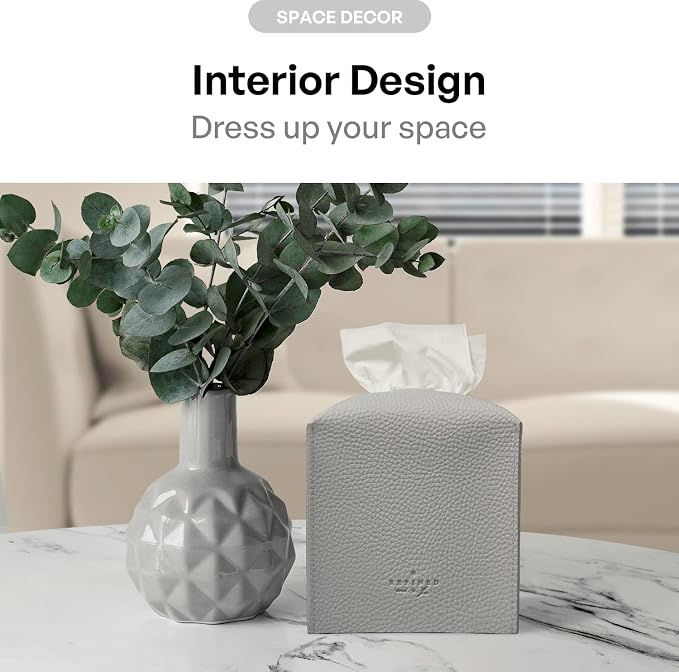Carrotez Tissue Box Cover, [Refined] Modern PU Leather Square Tissue Box Holder - Decorative Organizer for Bathroom Vanity Countertop, Night Stands, Office Desk & Car 5"X5"X5" - Pastel Grey - Image 4