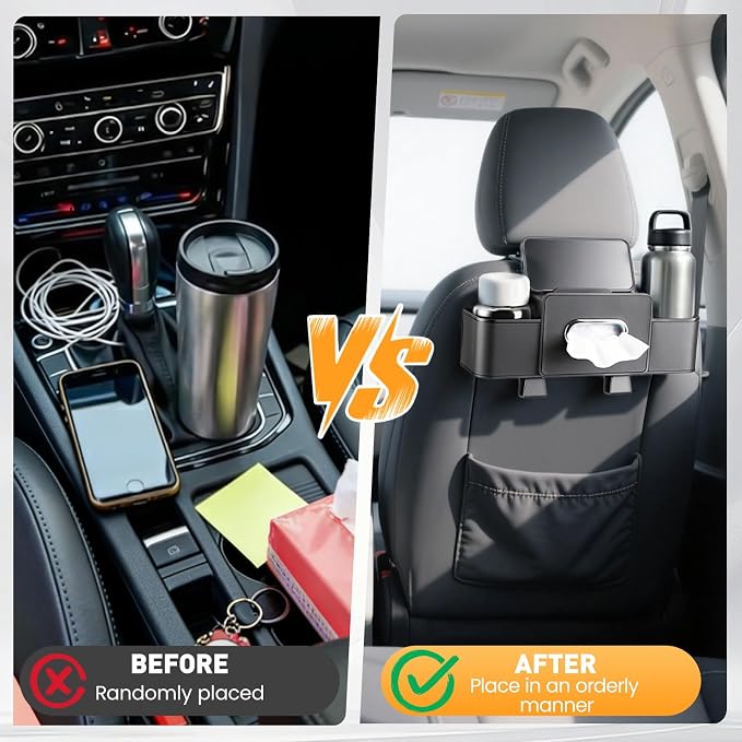 2 Pack Back Seat Car Organizers with Tissue Box and Cup Holders, Balck | Each organizer combines tissue storage, 2 cup holders, phone pocket and hooks to keep rear-seat essentials organized. - Image 4