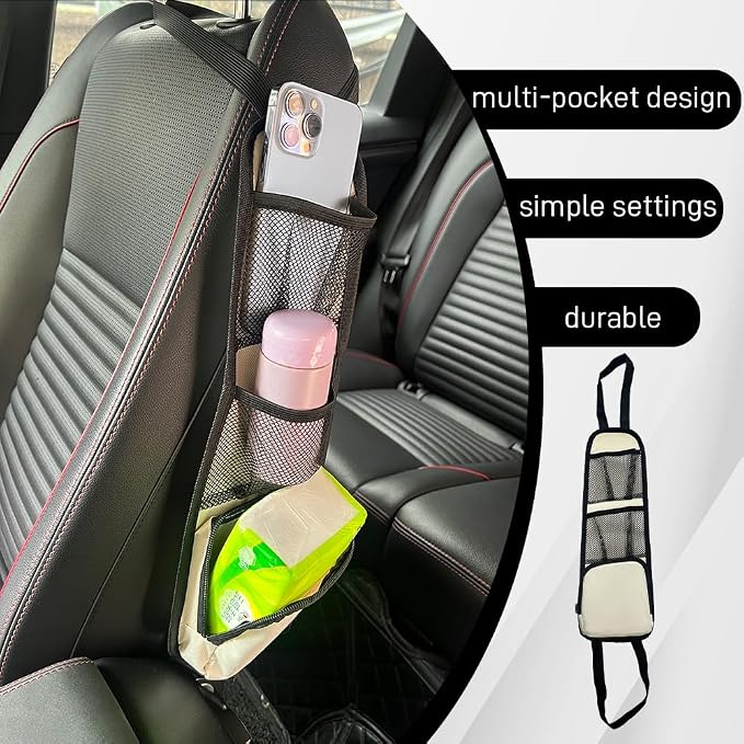 Car Seat Side Organizer, Seat Side Storage Pocket, Multifunctional Mesh Net Pocket, Car Multi-Pockets Backseat Organizer Side Hanging Bag for Storage Coins, Cell Phones, Glasses (Beige, 1PCS) - Image 6