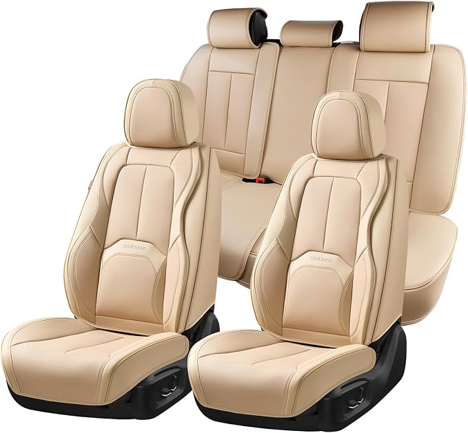 Coverado Car Seat Covers Full Set, Premium Nappa Leather Seat Covers for Car, Waterproof Car Seat Protector with Lumbar Support, Automotive Seat Covers Universal Fit for Most Cars SUV Truck(Beige) by COVERADOAUTO