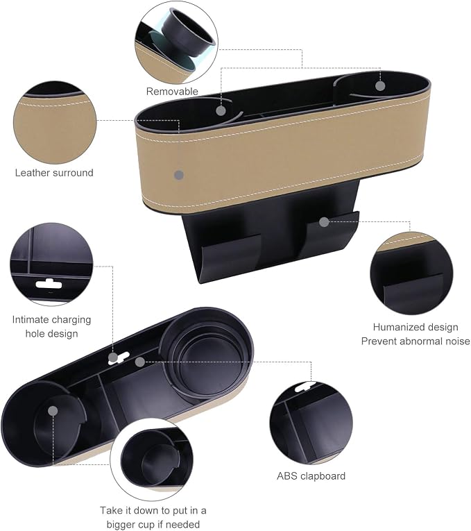 Car Seat Gap Filler Organizer with Cup Holder, Beige | Front Seat Organizer, Console Side Pocket, Cell Phone Holder, Coin Bucket, Car Storage Box, Universal Fits, Easy Installation - Image 2