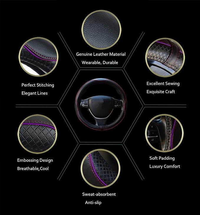 Gomass Car Steering Wheel Cover, Anti-Slip, Safety, Soft, Breathable, Heavy Duty, Thick, Full Surround, Sports Style (Black with Purple line) - Image 4