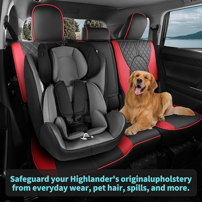 Custom Seat Covers for Toyota Highlander 2020-2024 8Seats BlackRed | faux leather, 2nd row 40/60 split bench, waterproof, breathable, airbag compatible, stain resistant, easy install - Image 3