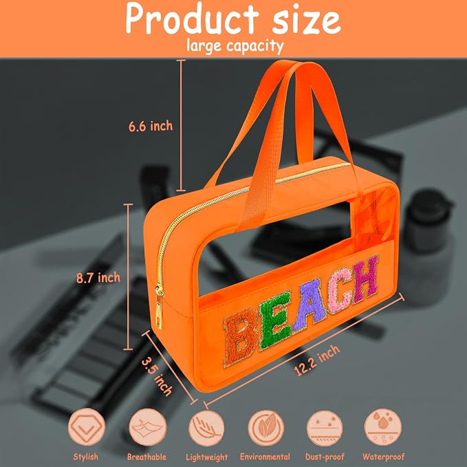 Bunliuys Chenille Letter Clear Makeup Bag Beach Patch, Travel Toiletry Makeup Bag with Handle, Nylon Waterproof Makeup Bags clear cosmetic bag, preppy patch makeup bag for Women (BEACH-Orange) - Image 2