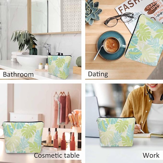 Palm Leaves Makeup Organizer Bag Cosmetic Bag For Men Women, Tropical Beach Palm Leaf Floral Travel Toiletry Bag Flax Makeup Bags Purse Business Makeup Pouch For Toiletries Cosmetics Green - Image 6