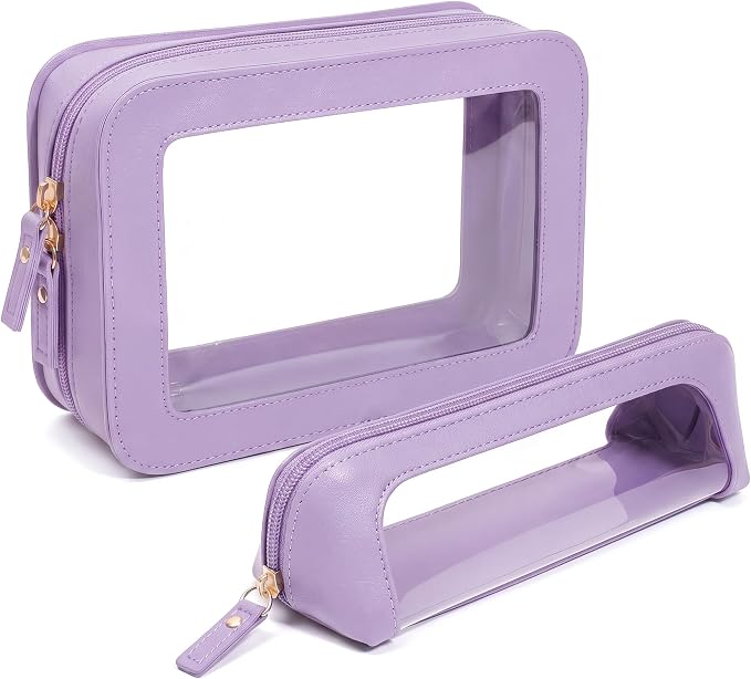 Makeup Bag Set Cosmetic Pouch for Women Waterproof PU Leather,Travel Toiletry Bag Cute Makeup Organizer Purse Pouch Preppy Pencil Case with Zipper (2Pack-Standard&Slim, Purple) by LETGO