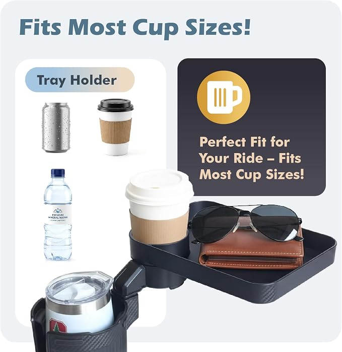 OtterVerz 11 Car Cup Holder Tray, 3 in 1 Cup Holder Expander Adapter for Car, 360° Rotating 10.5" Car Food Tray Eating Table, Road Trip Essentials Fits Yeti, Hydro Flask 16-46 oz Large Water Bottles - Image 9