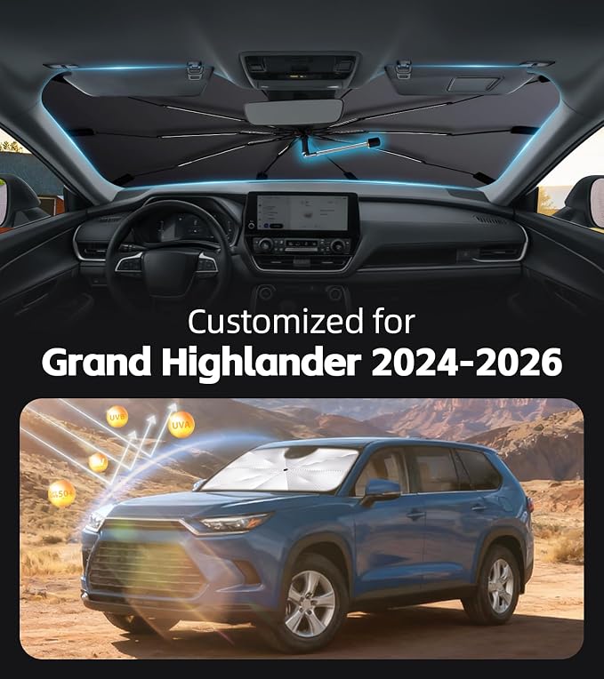 Windshield Sun Shade for Toyota Grand Highlander 2024-2026,UPF50+ Keep Cool | 360°Rotating Shaft, Custom Fit Umbrella Sunshade for UV Blocking, Interior Heat Protection, Easy Storage for Camping / Naps - Image 2