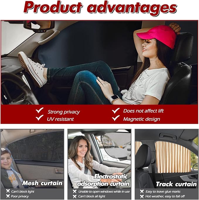 XCBYT Magnetic Side Window Sun Shade, 100% Blackout Privacy Sun Protection | 4-Pack 100% blackout privacy & UV cooling for camping & naps. Magnetic attach (iron frames only) for up to 33-inch windows - Image 3