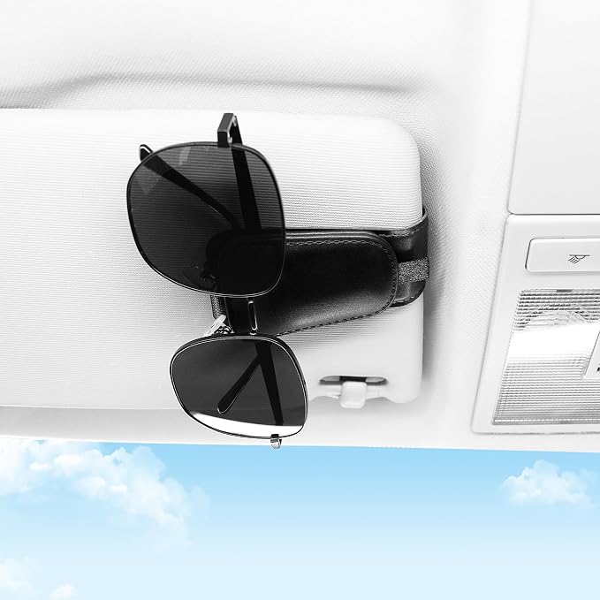 SINGARO 2 Pack Sunglass Holder for Car Visor Sunglasses Holder Clip, Universal Non-Slip Magnetic Leather Glasses Eyeglasses Hanger Mounter, Truck Interior Car Visor Accessories for Woman Man, Black - Image 3