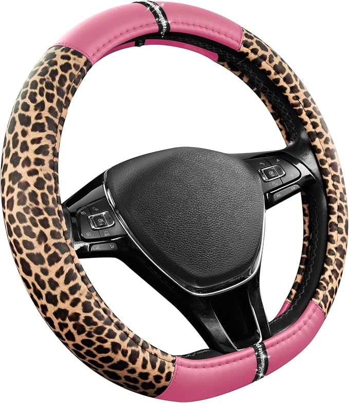 Road Comforts Leopard Steering Wheel Cover for Women, Cute Anti-Slip Microfiber Leather, Fits D Shape Flat Bottom Steering Wheel 14.5-15 Inch - Pink - Image 2