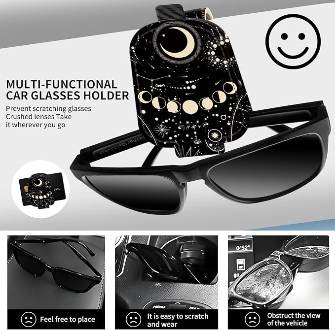 Leather Magnetic Sunglass Holder for Car Sun Visor, Cute Eyeglass Ticket Card Hanger Clip, Universal Auto Interior Accessories for SUV Pickup Truck, Celestial Moon - Image 2