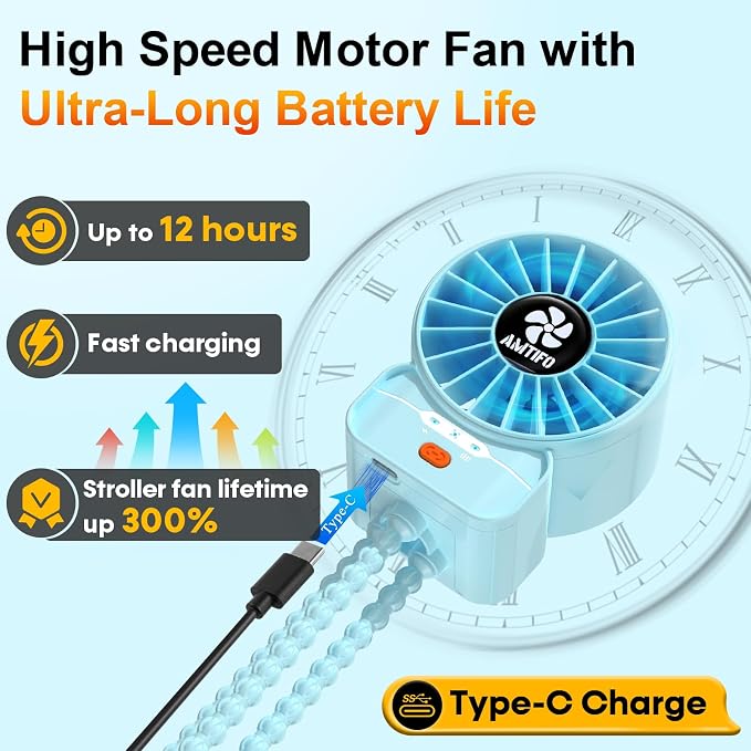 AMTIFO Blue Baby Fan - USB Rechargeable, Quiet, Adjustable Speed, Portable Cooling Fan for Baby Stroller, Car Seats, Nurseries, and Outdoor Activities - Long Battery Life, Turbo Airflow - Image 4