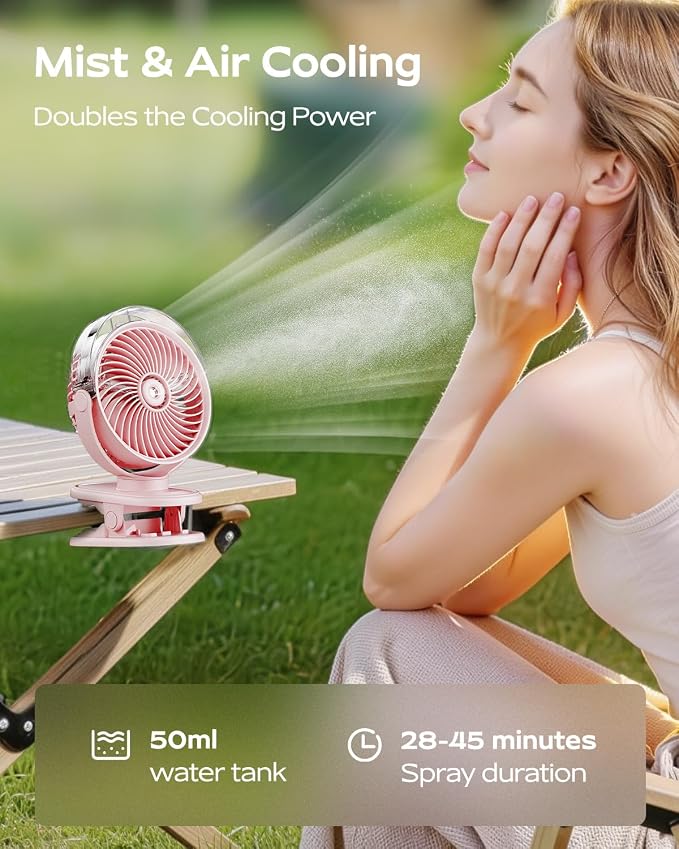 SWEETFULL Portable Misting Clip On Fan, USB-C Rechargeable Mini Personal Cooling Fan with 4 Speeds, 360° Rotatable, Quiet Cooling for Outdoor, Camping, Golf Cart, Travel, Stroller & Desk (Pink) - Image 2