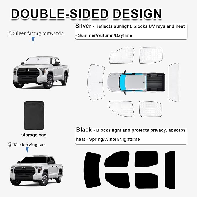 KMF 6pcs Thicken Sun Shades for Toyota Tundra 2022-2025 2026 Accessories, Custom Fit Tundra Sunshade Full Car Window Covers for Windshield Side Rear, UV Block and Privacy Blackout for Camping Outdoor - Image 3