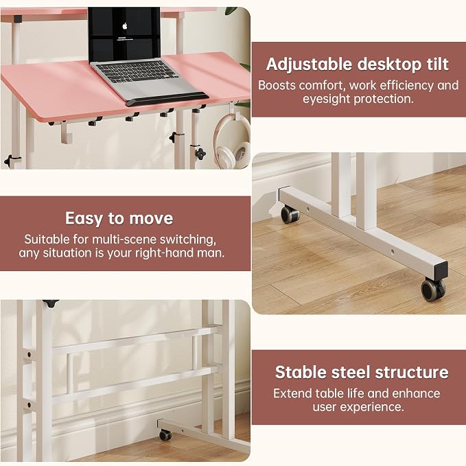 SIDUCAL Mobile Stand Up Desk with USB Ports and Outlets, Adjustable Laptop Desk on Wheels, Home Office Workstation, Rolling Laptop Cart for Standing or Sitting, 31.5" x 23.6"Pink - Image 8