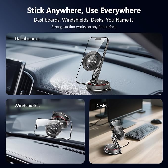 SYNCWIRE for MagSafe Car Mount [2-Axis Design] Nano Adhesive Gel + Suction Cup Magnetic Phone Holder for Dashboard & Windshield, 360° Adjustable for iPhone 17 16 15 14 13 12 11, Samsung, Carbon Fiber - Image 9