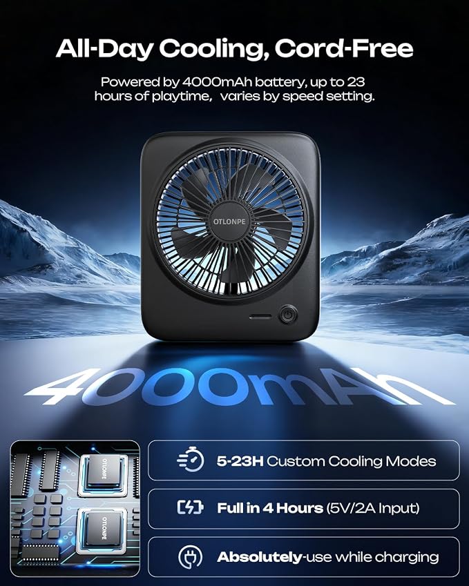 Otlonpe Personal Portable Desk Fan 2 Pack, 4000mAh Small Rechargeable Portable Fan Battery Operated & USB Powered for Travel Sleeping Bedroom Office Home Table, Cordless, Quiet, 4-Speed, 6.5 Inch - Image 2