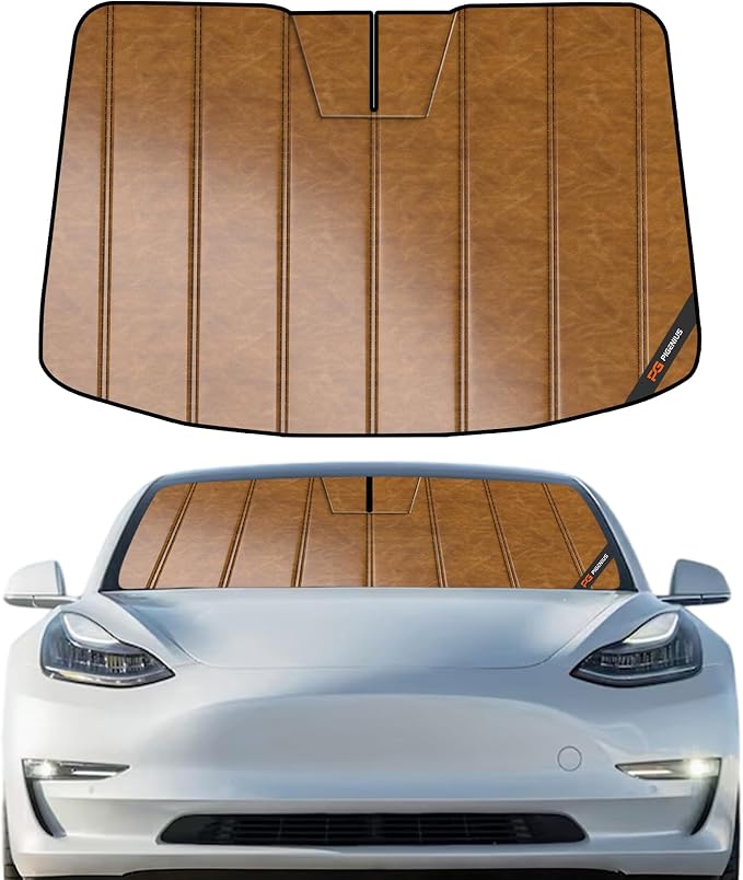 Pigenius Windshield Sun Shade for Tesla Model 3 2018-2026, Model Y 2020-2025 Old Body Style, Custom Front Window Sunshade - Leather by Pigenius