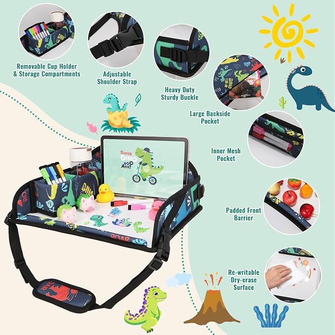 Kids Travel Tray for Airplane - Toddler Car Seat Table Tray, Road Trip Essentials for Boys & Girls, Carseat Lap Desk for Kids Road Trip Activities, Dinosaur - Image 6