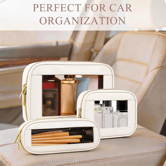 3-Piece Travel Clear Makeup Bag Set, Small Cosmetic Bag with Makeup Brush Case, Leather Waterproof TSA Approved Toiletry Bag with Zipper, Car Organization for Women (Beige-2, Mini+Slim+Medium) - Image 5