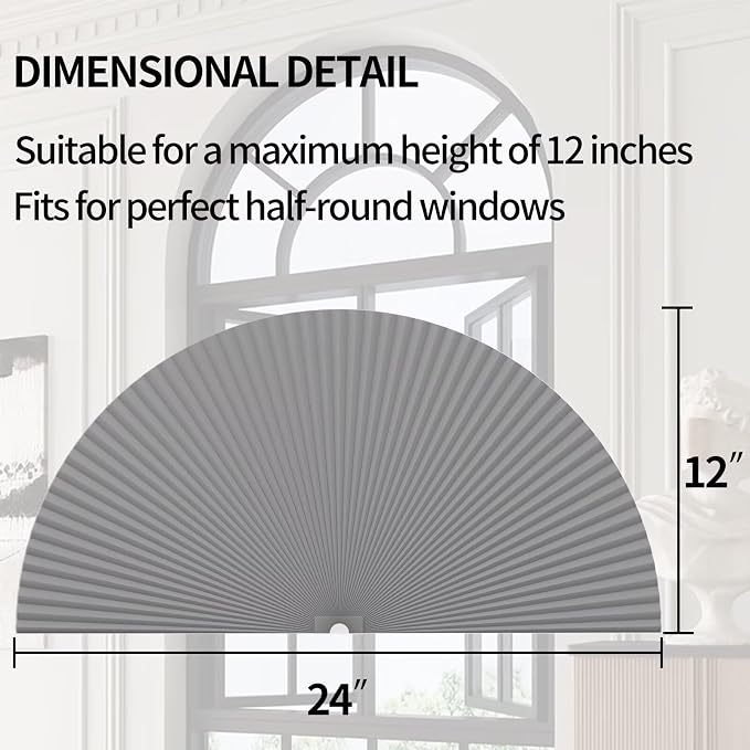 Myshade Arch Window Shades Half Circle Blackout Cellular Shades Cordless No Drill Blinds for Windows Half Moon Honeycomb Fabric No Tools Room Darkening Shades Easy Install (1PCS Grey 24" W X 12" H) - Image 3