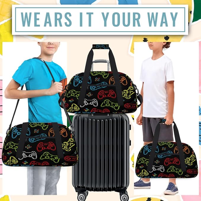 Gym Travel Duffle Bag for Boys - Kids Overnighter Weekend Bag with Front Zipper Pocket for School Practice, Video Games Teens Carry-On Size Sleepover Bags - Image 5